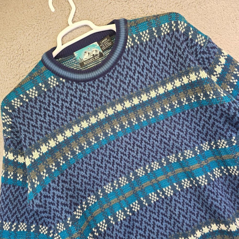Botany 500 Sweater‎ Mens L Blue Pullover Crew Neck Fair Isle Knit Eclectic